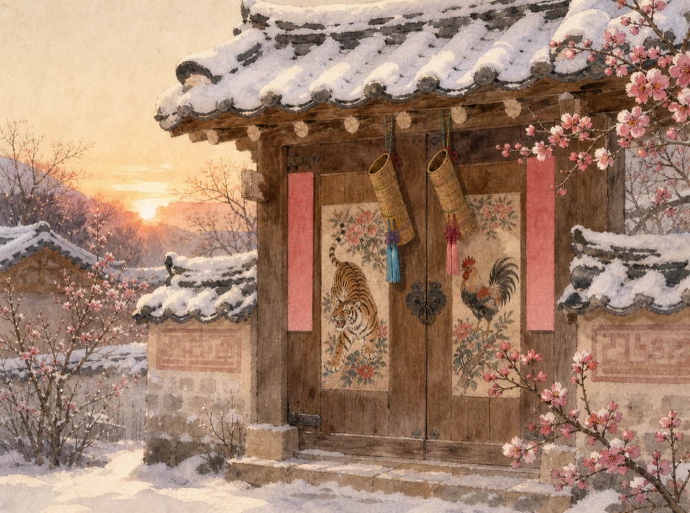 새해에 복 들이던 대문 그림들 — 처용·호랑이·복조리에 엽전 그림